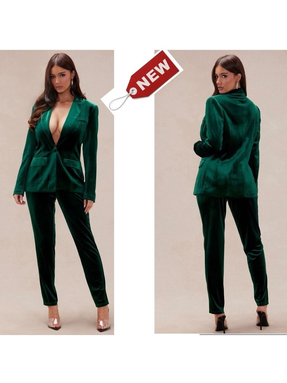 Fashion Nova Vienna hunter green velvet single breasted blazer pant suit set M
